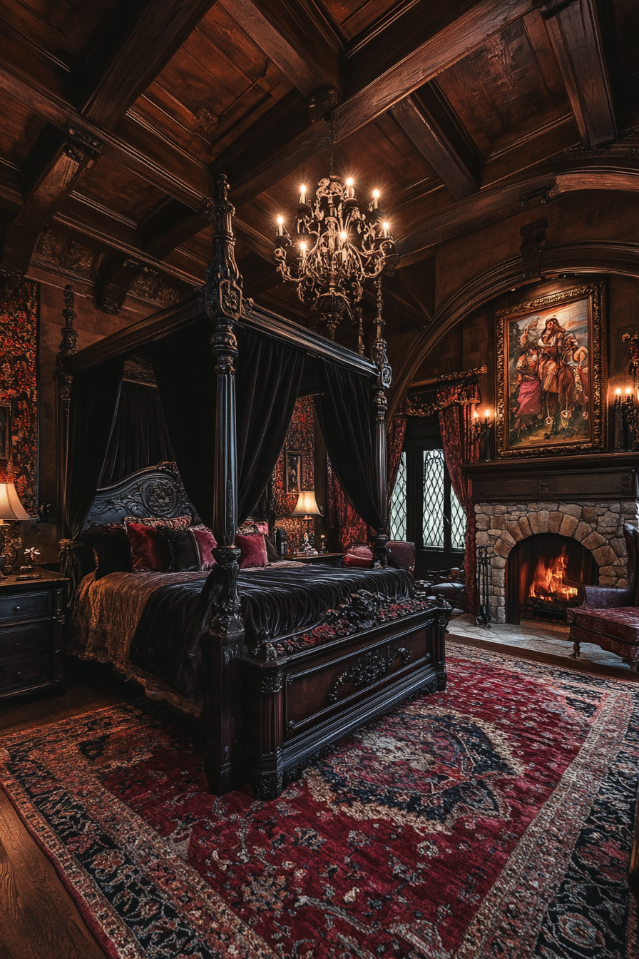 Grand Gothic bedroom with rich, dark velvet details.