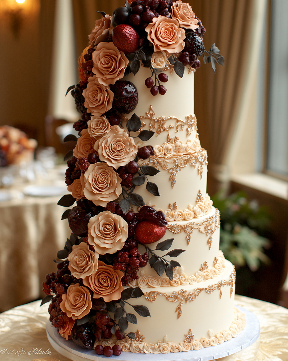 Grand Victorian Wedding Cake with Roses and Gems