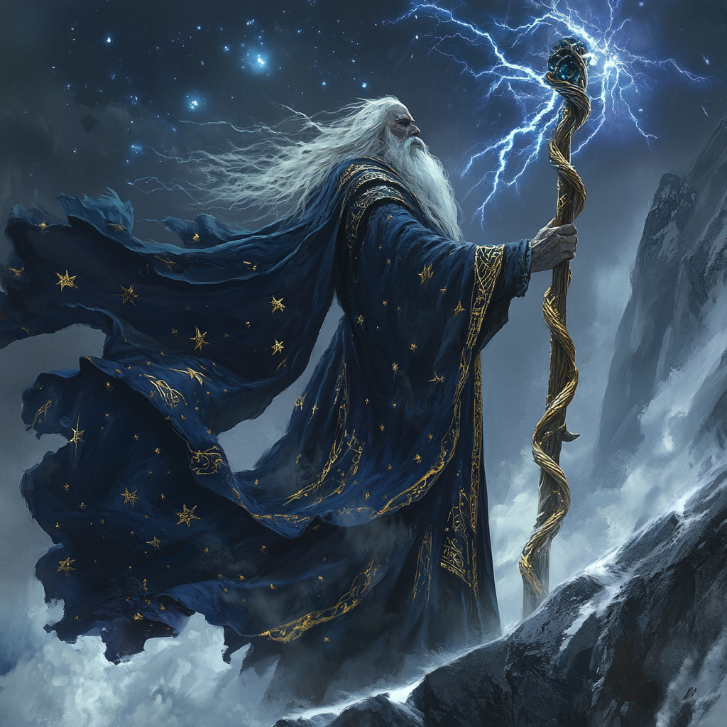 Grand mage in blue and gold robes on mountain.