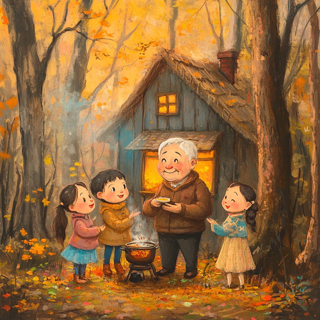 Grandfather cooking for three grandchildren in forest