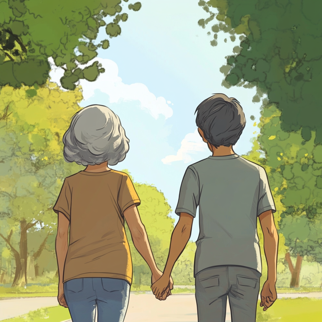 Grandma and grandson happily holding hands in park stroll.