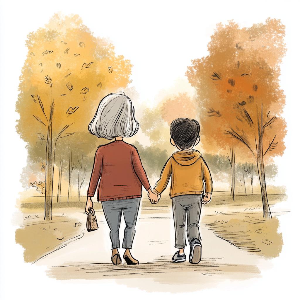 Grandma and grandson walking in park holding hands happily.