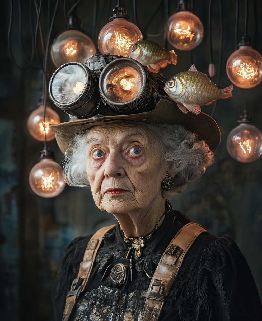 Grandma in tank hat and fish dress with bulbs.