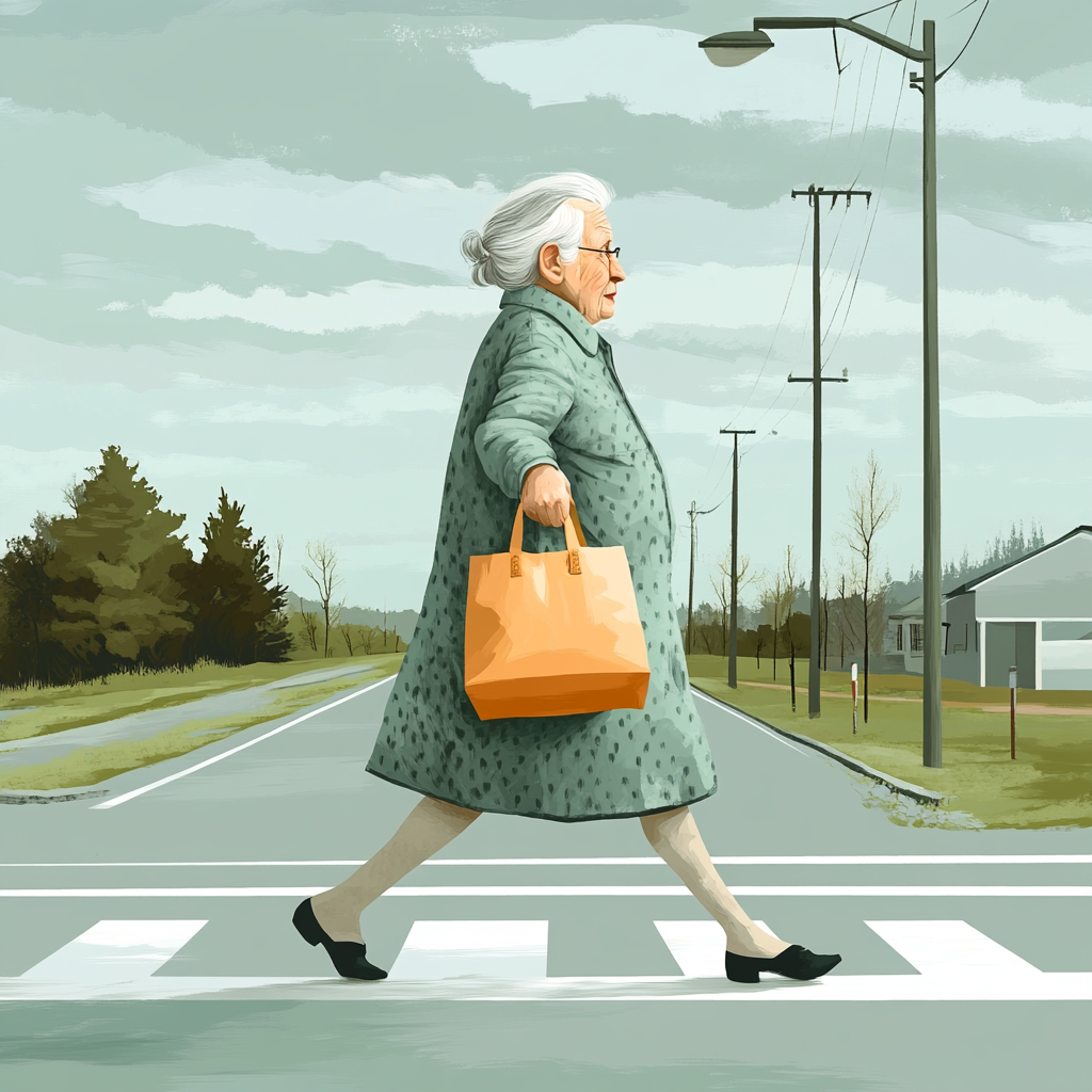 Grandma with Bag Crossing the Road in Art