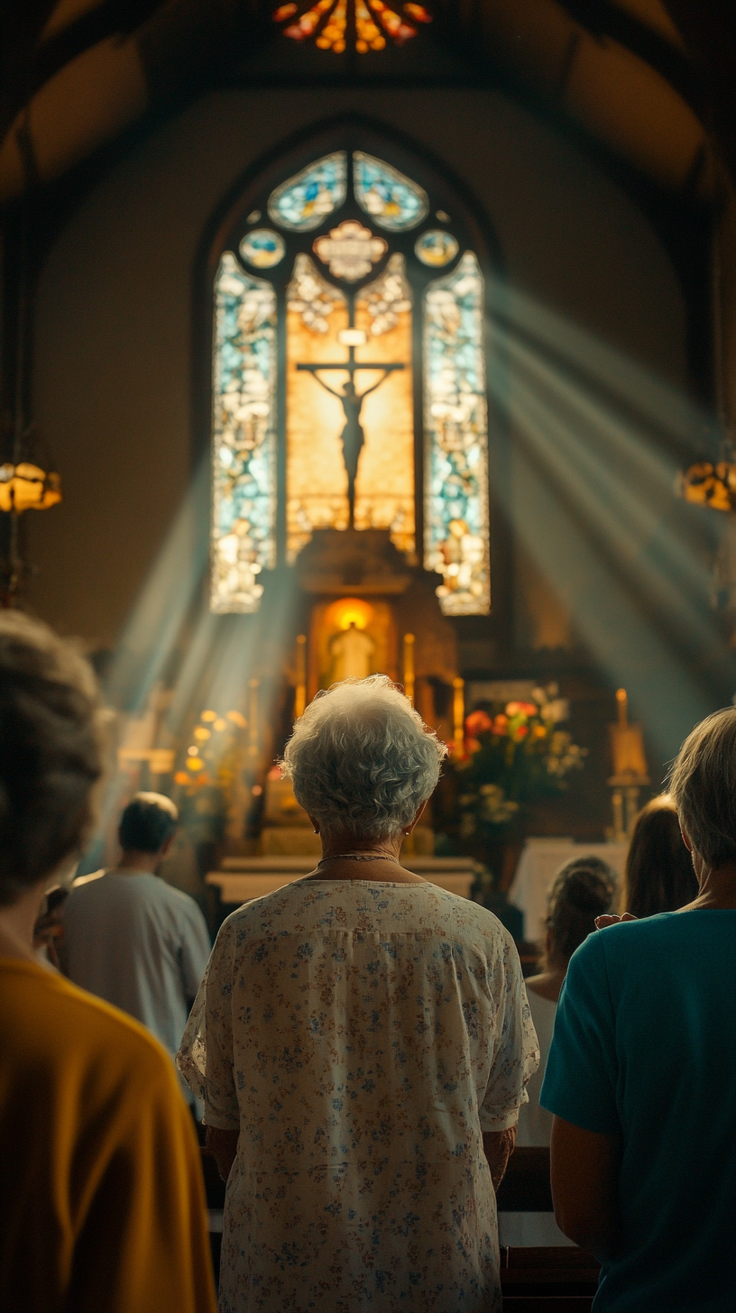 Grandmother Praying in Church Under Warm Sunlight