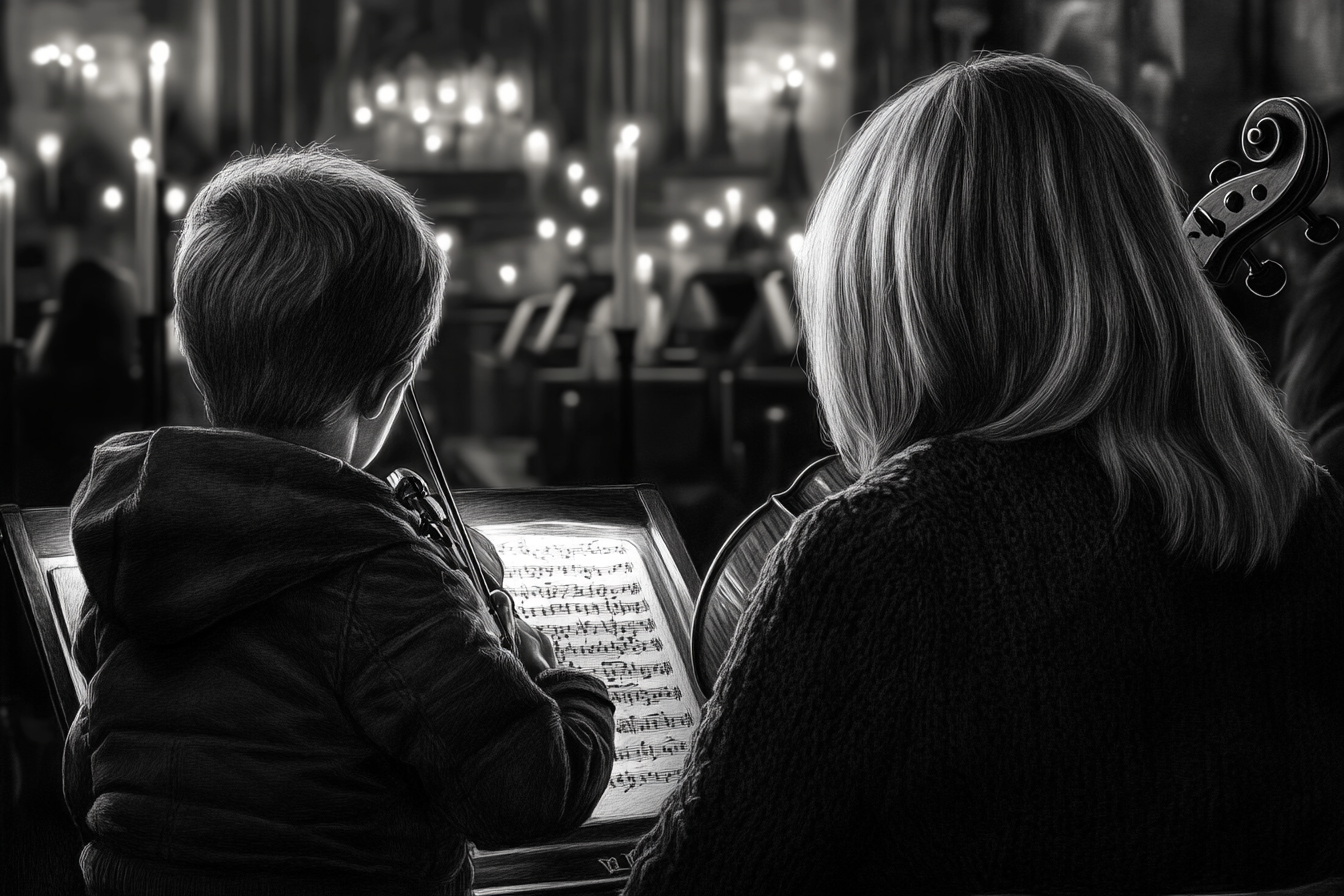 Grandmother and boy enjoy Christmas concert in church sketch