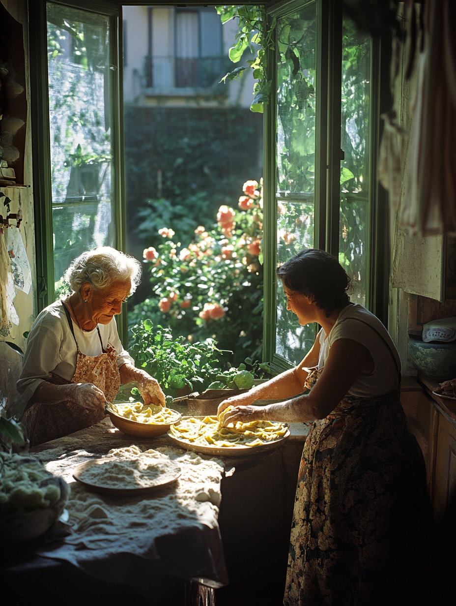 Grandmother and granddaughter make ravioli in sunny kitchen