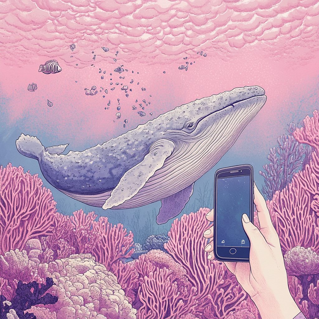 Grandmother talking on phone, whale in art image