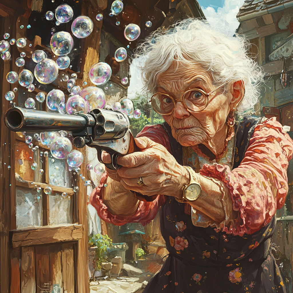 Granny Aiming Bubble Gun in Colorful Scene