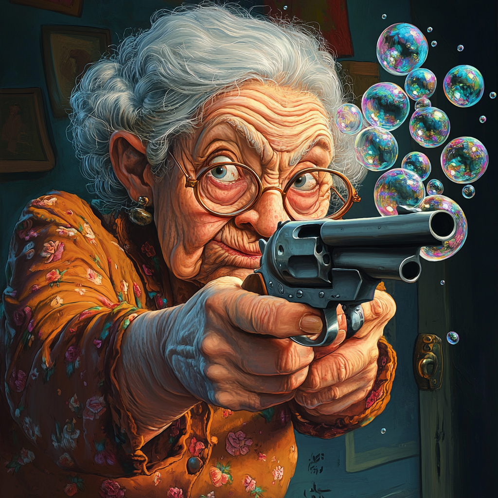 Granny Aiming Bubble Gun in Colorful Setting