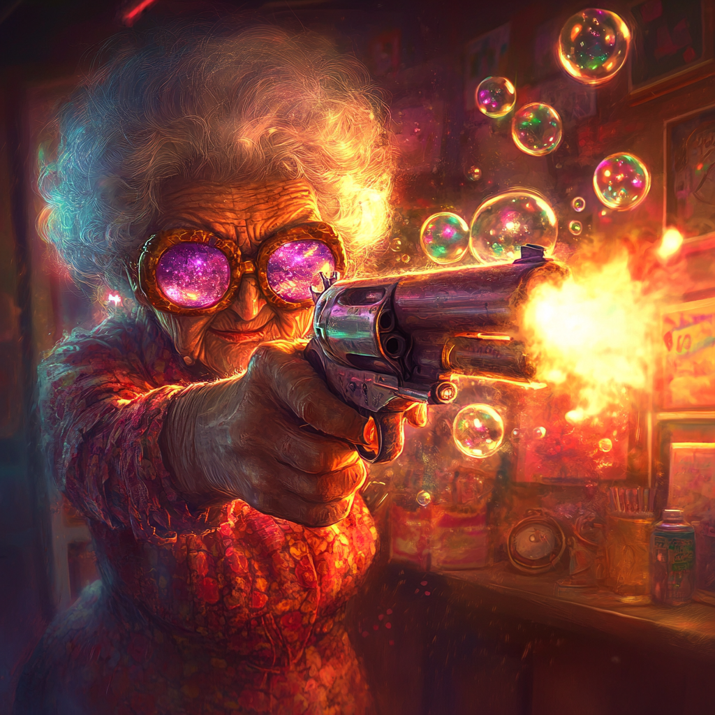 Granny Aiming Soap Bubble Gun in Colorful Setting