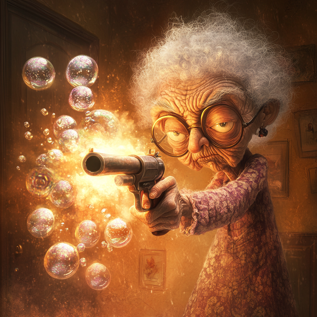 Granny Aims Bubble Gun in Colorful, Comical Scene