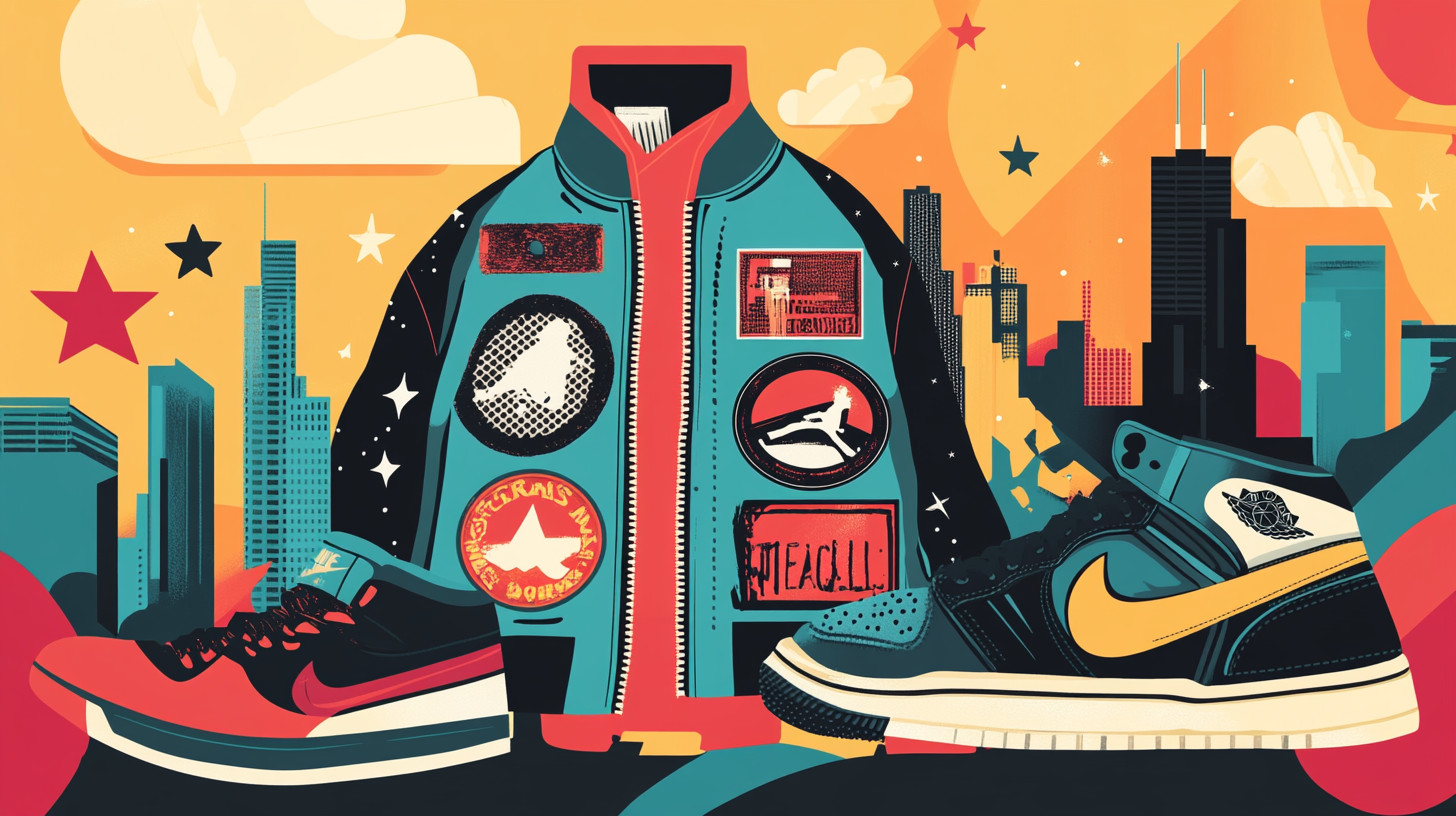 Graphic design of travel-sized Chicago theme with sneakers & patches.