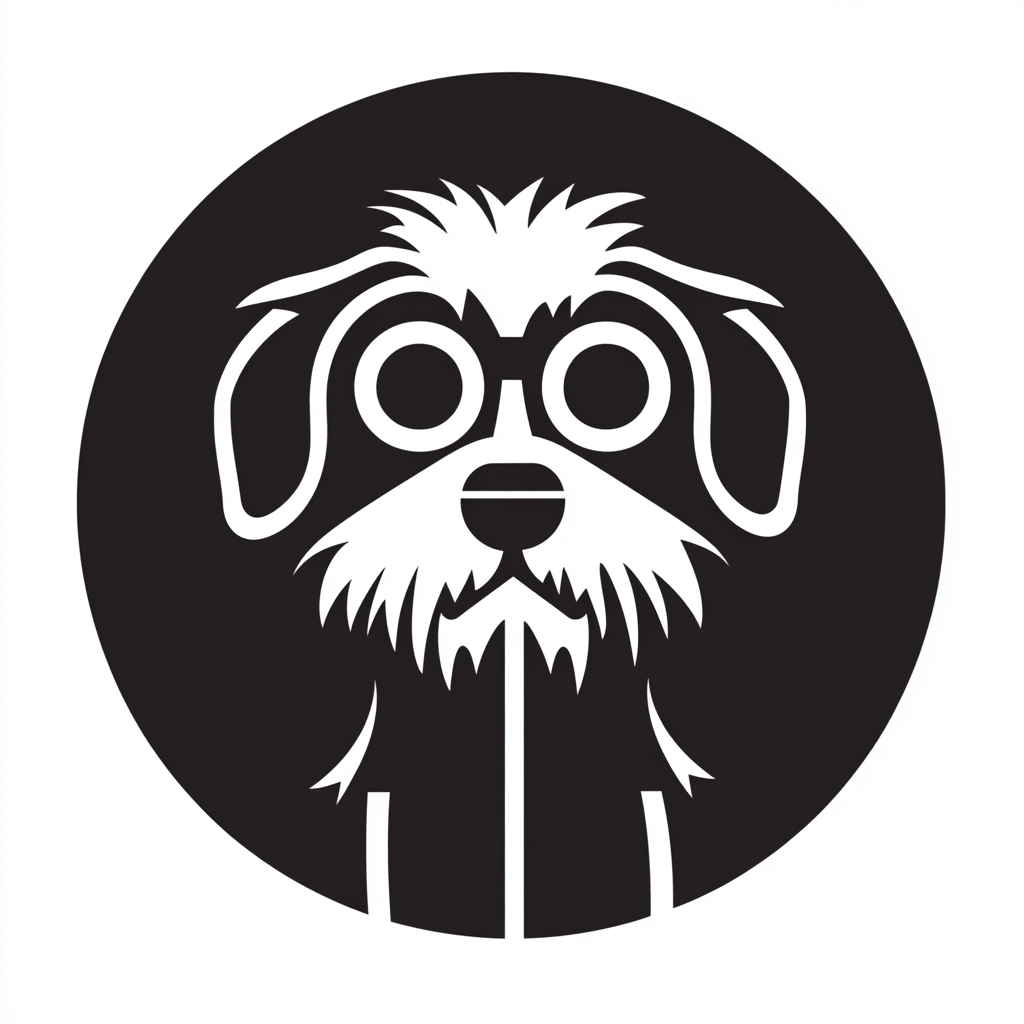 Graphic monochrome logo, circular, techy, silicon valley sleek. Silhouette of Snoopy dog and sherpa staff.