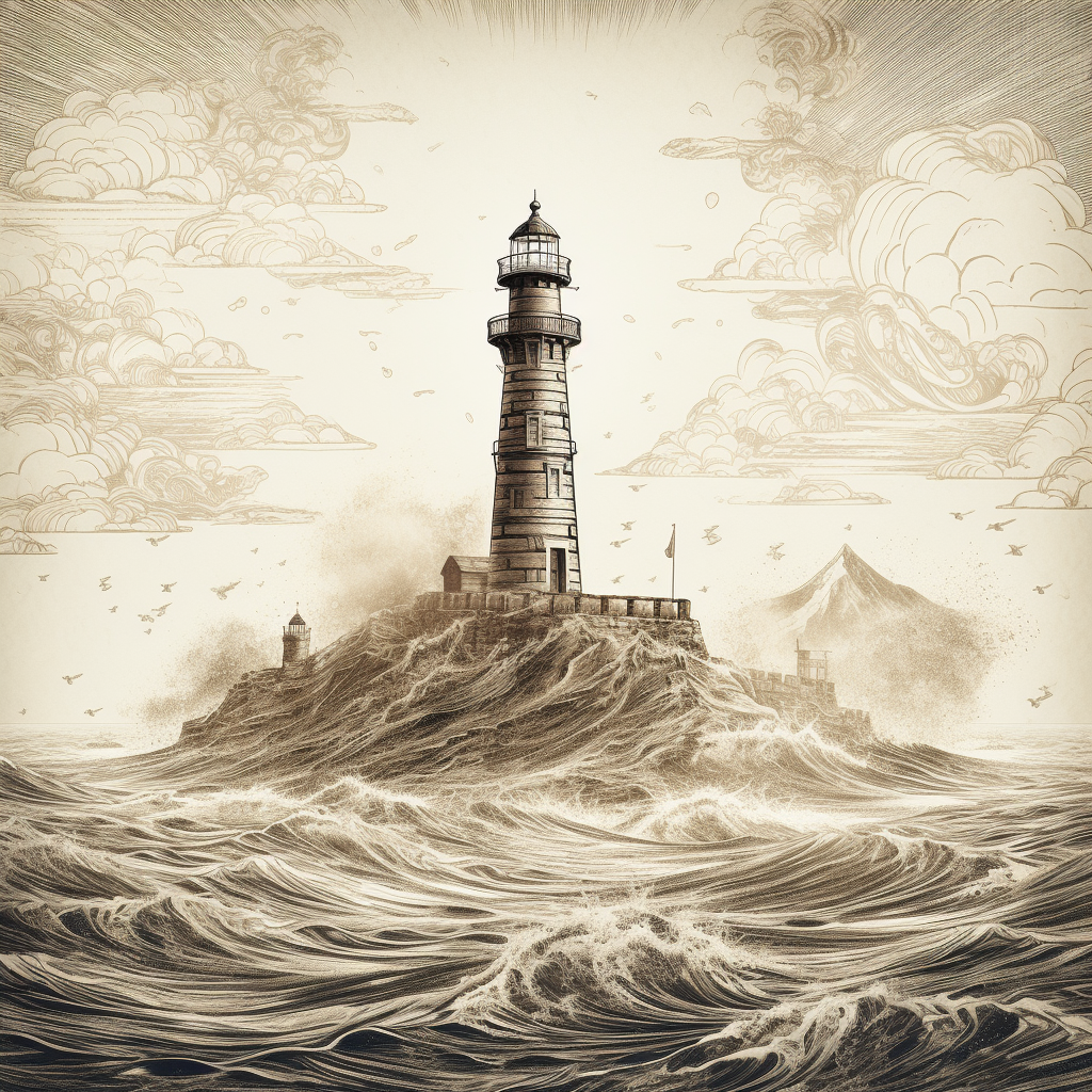 Graphic of classic lighthouse with intricate details, dramatic effects.