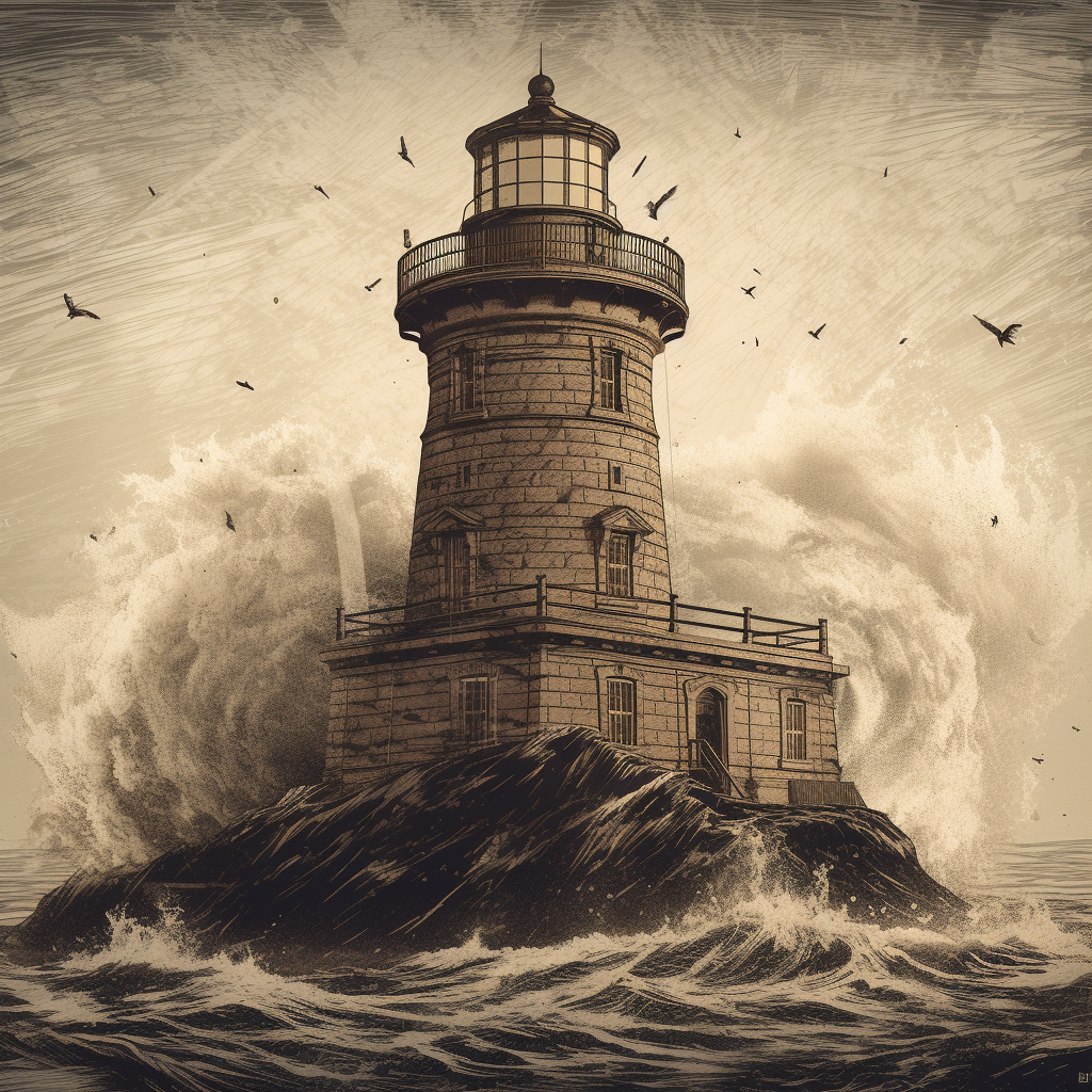 Graphic of detailed classic lighthouse with dramatic effects.