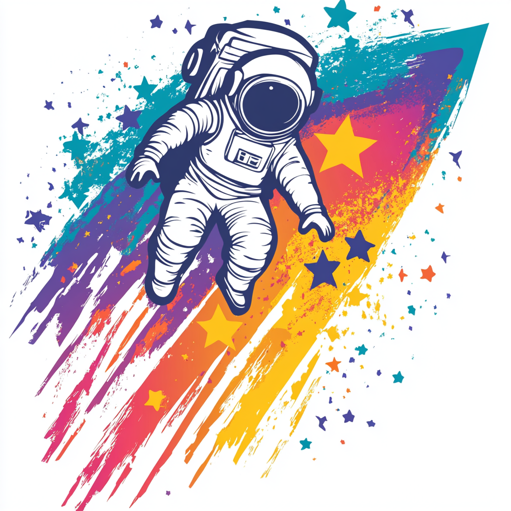 Graphic with stars, shooting star, space lady astronaut.