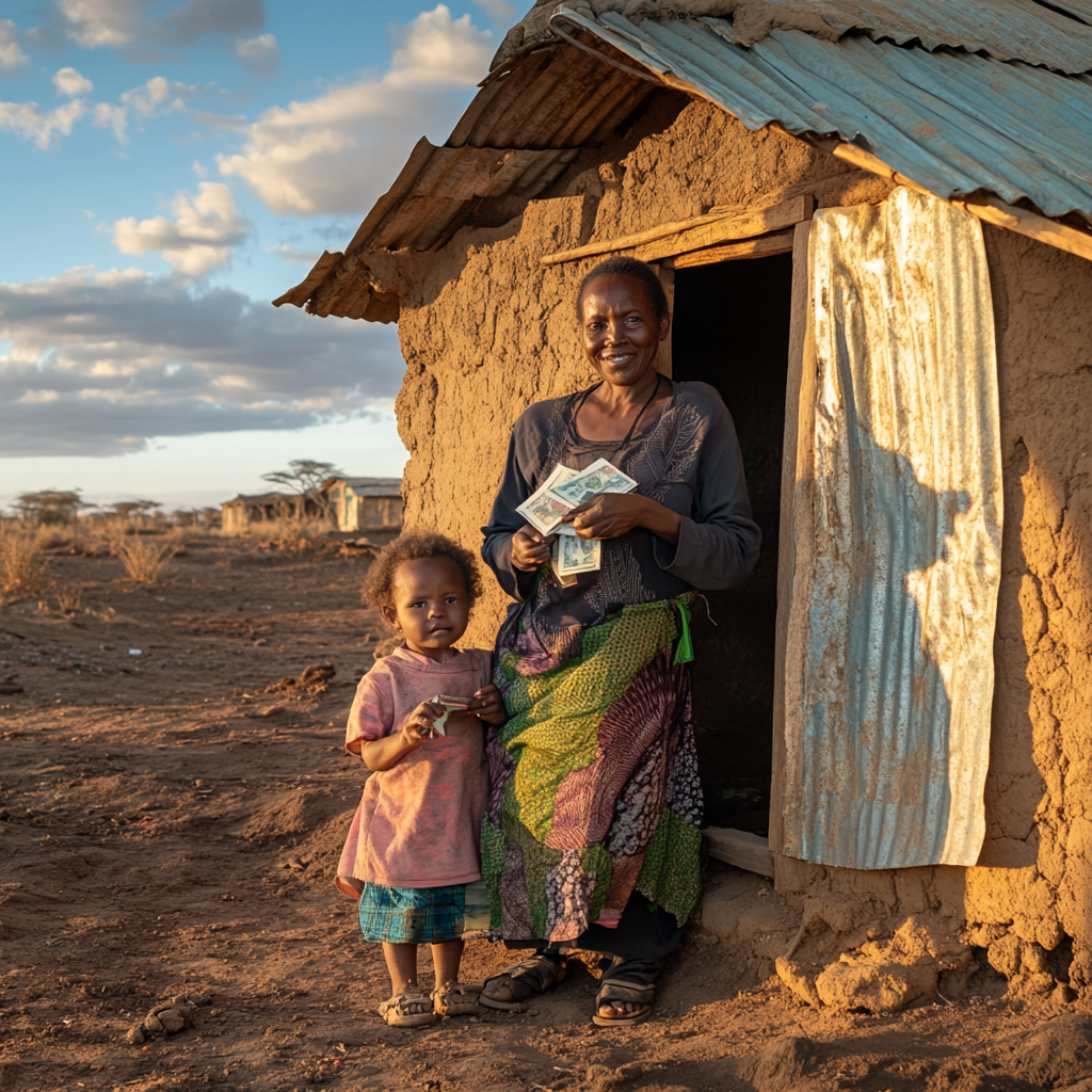 Grateful African Woman Holds Money Near Simple Hut