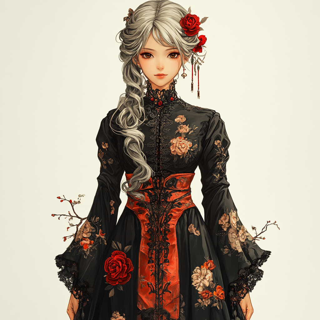 Gray hair, black eyes, baroque-inspired, detailed design.