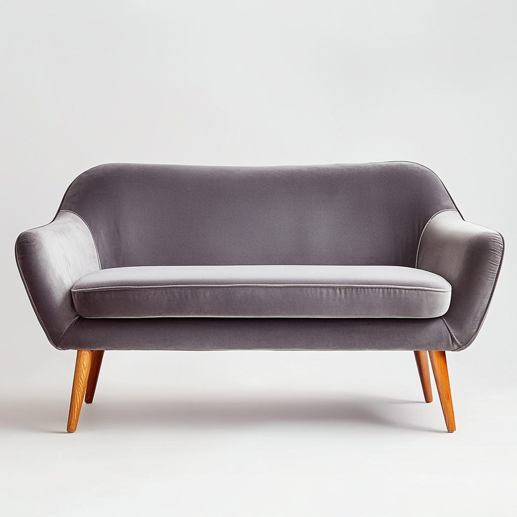 Gray velvet sofa with wooden legs, white background photograph.