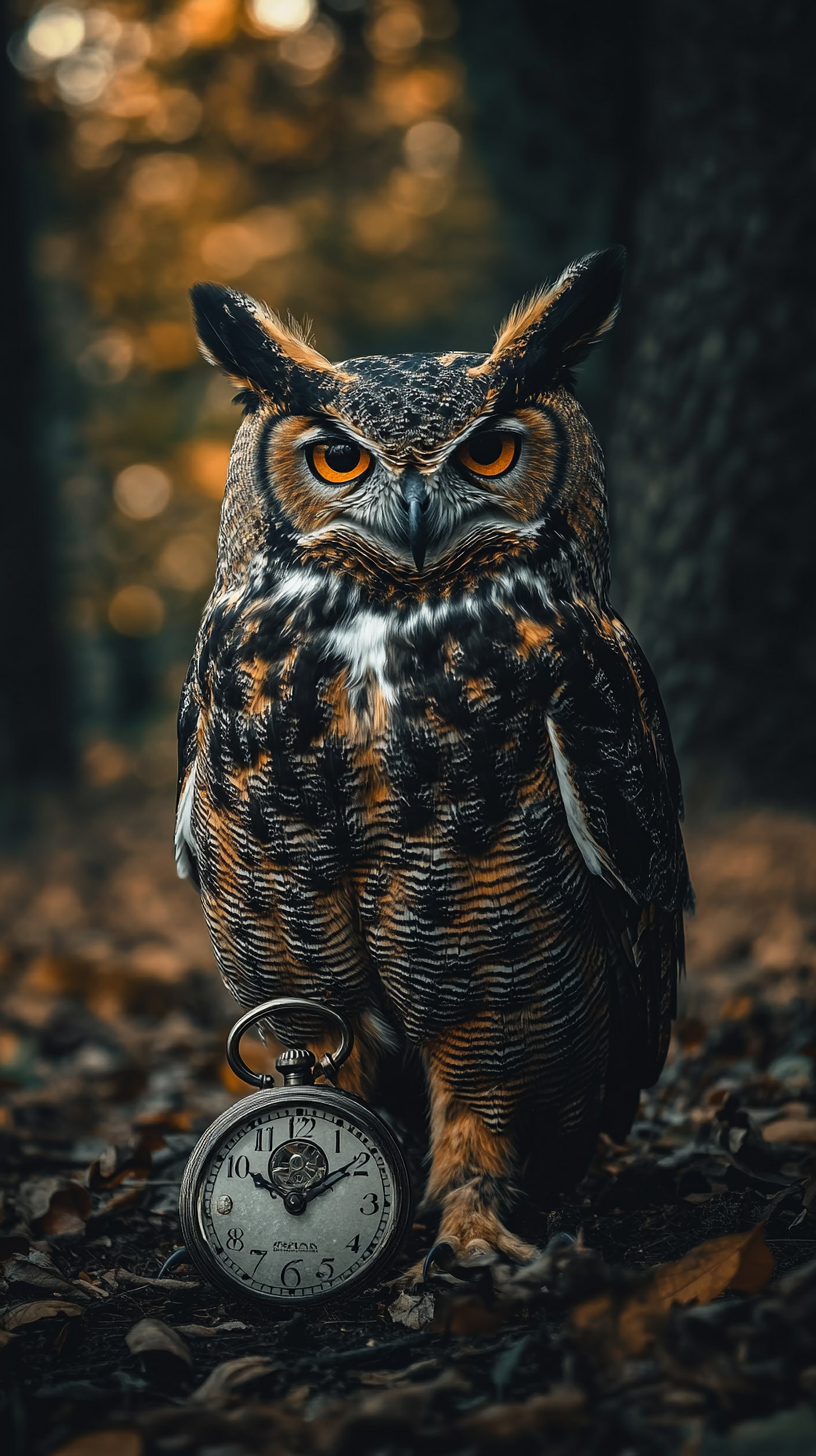 Great horn owl with eyes open and a pocket watch.