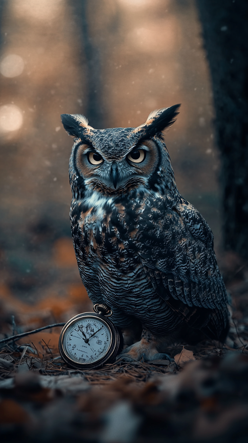 Great horn owl with open eyes standing near old watch.