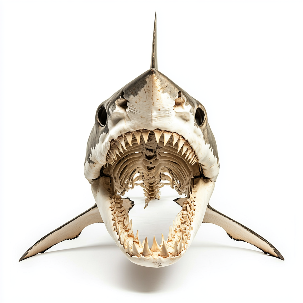 Great white shark skeleton, tail and mouth visible.