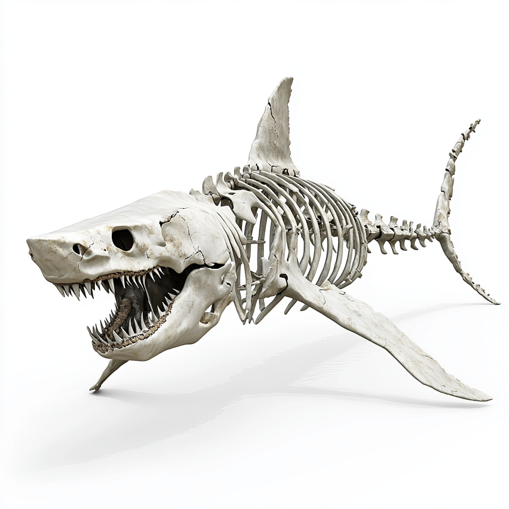 Great white shark skeleton with open mouth biting view