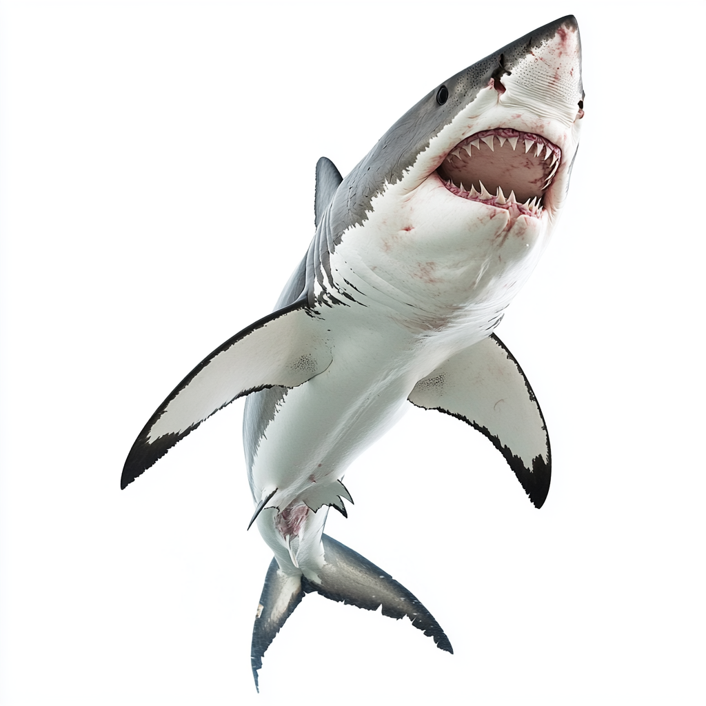 Great white shark with open mouth, tail focus.