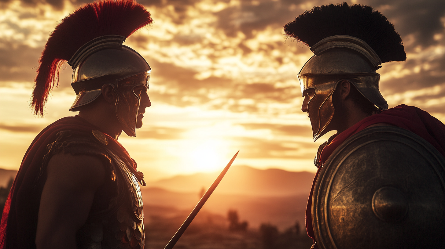 Greek and Spartan warriors ready for duel at sunset.