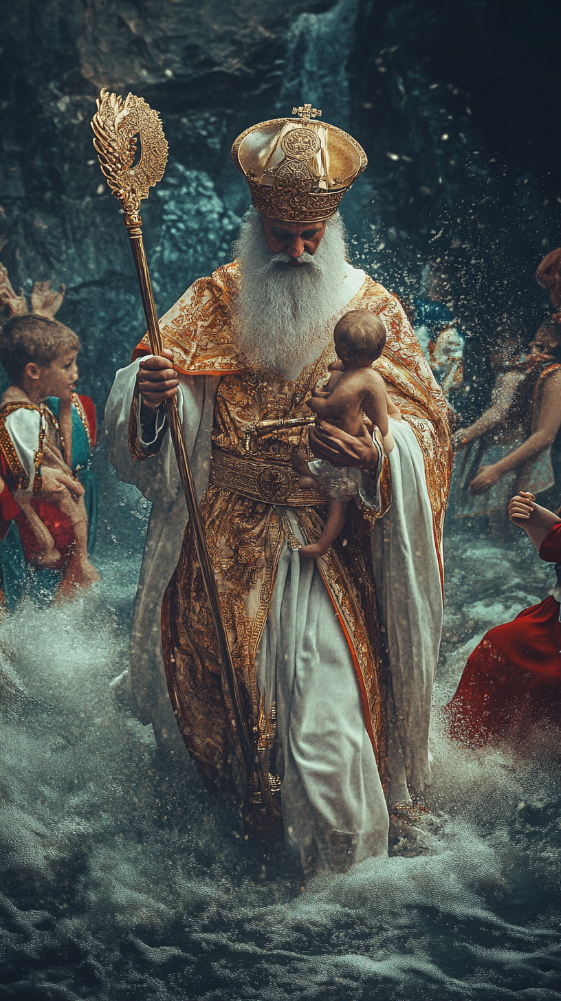 Greek attire, charity, miracles, rescuing children, surreal, hyper-realistic.