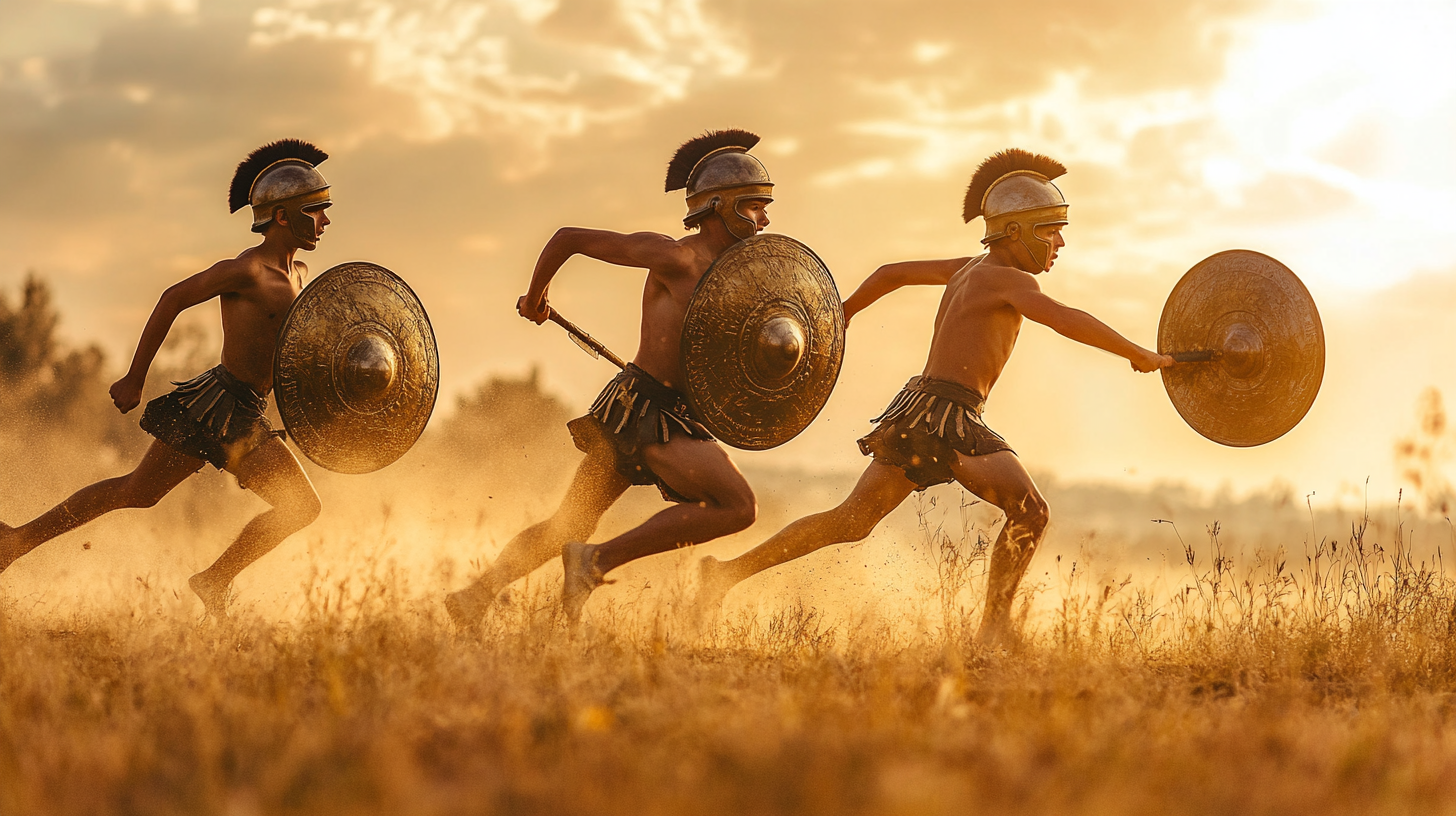 Greek boys training with heavy shields, overseen by warrior.