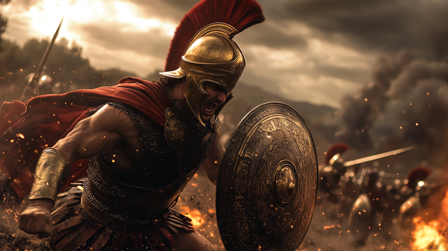 Greek hoplite charging, shield bashing enemies, breaking through force.