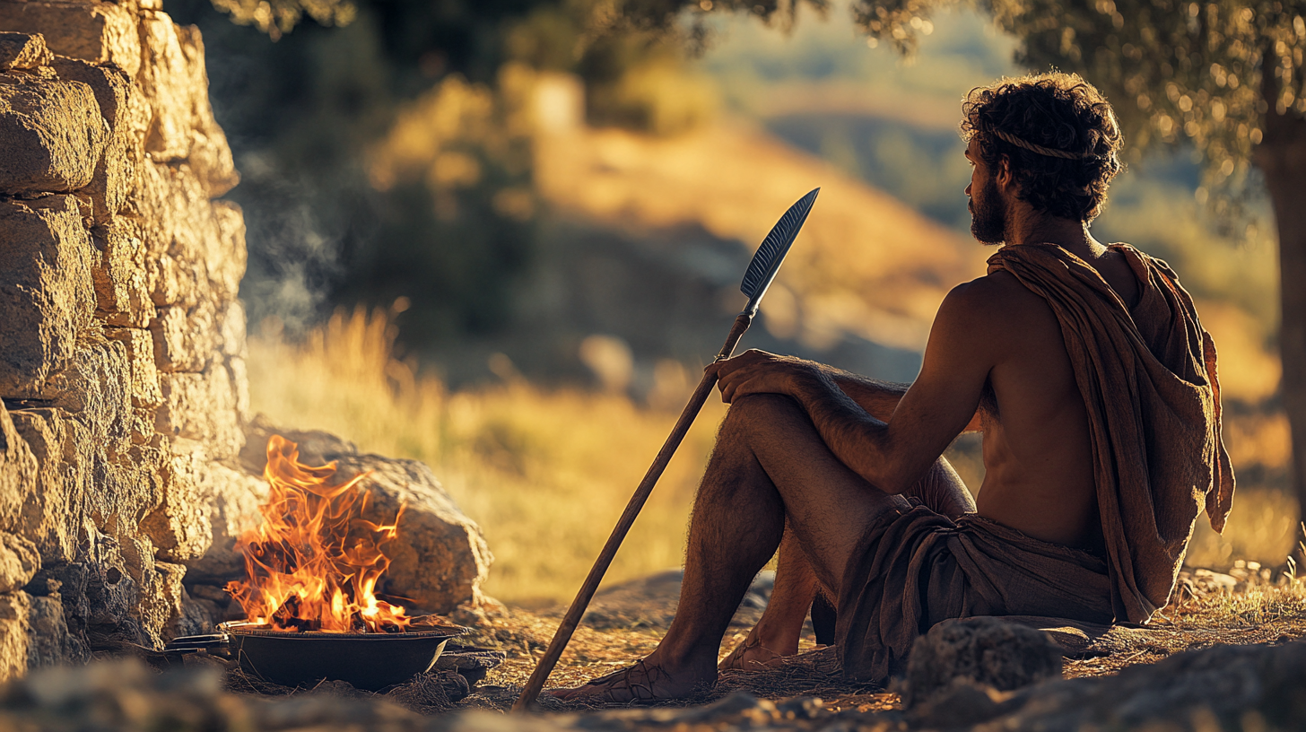 Greek hoplite relaxing in village by fire with spear.