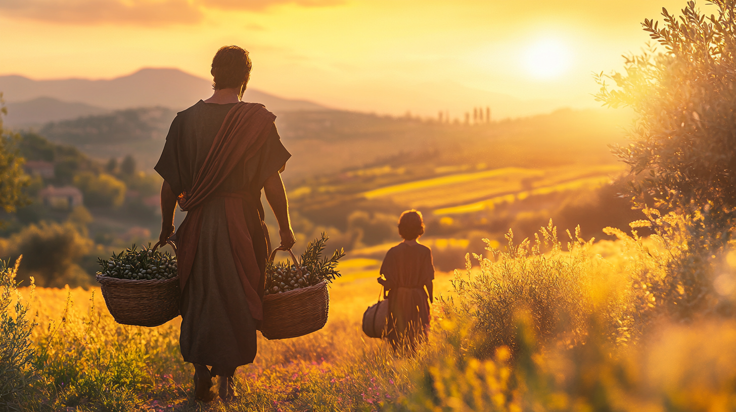 Greek hoplite working on family farm at sunset.