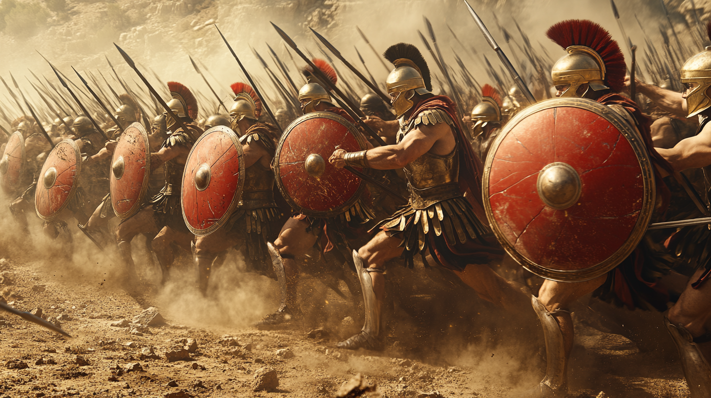 Greek hoplites charging, spears raised, shields forward, chaotic battle.