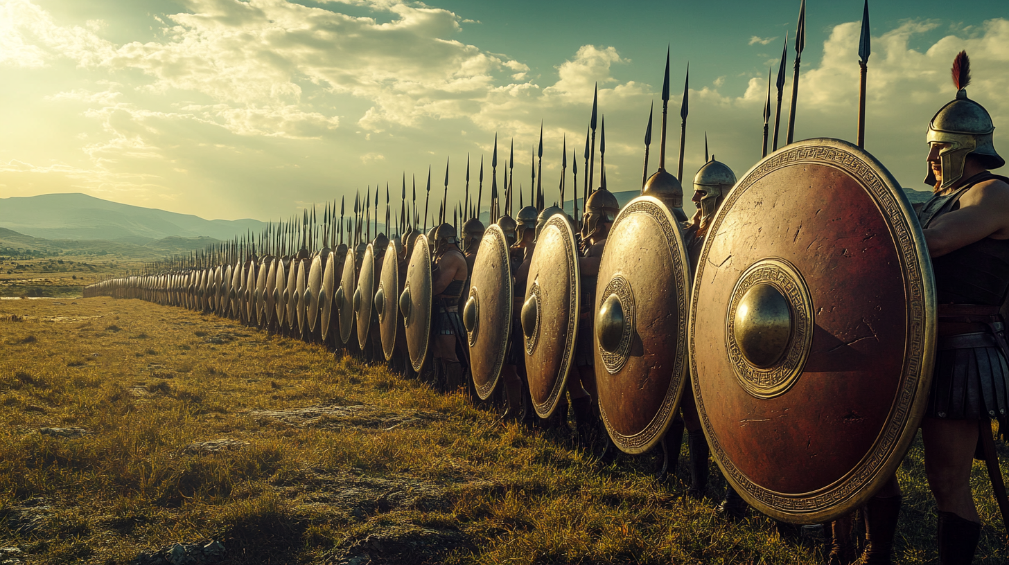 Greek hoplites in formation, ready for battle at dawn.