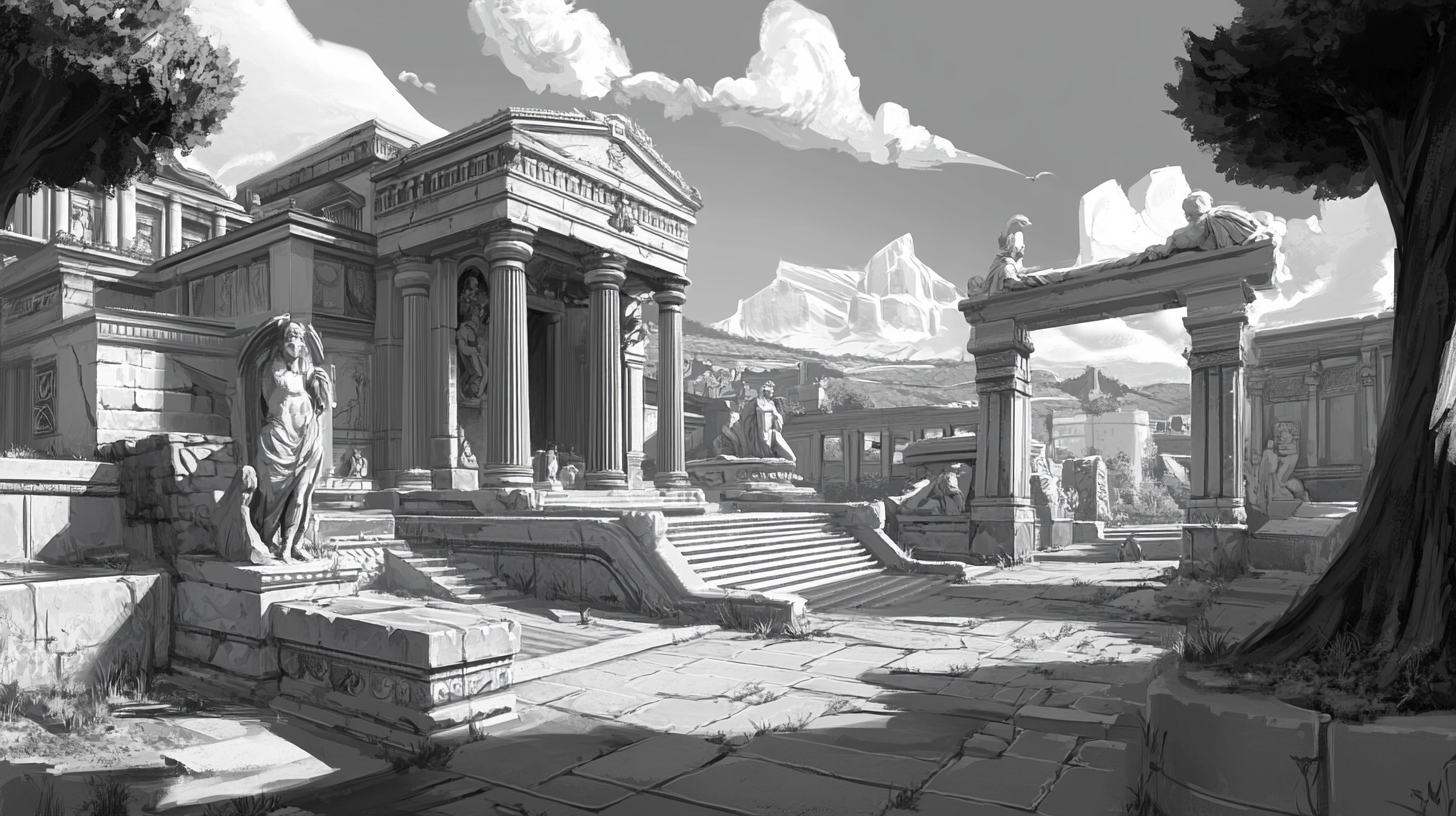 Greek mythology amusement park concept art, Overwatch-style, simplified.