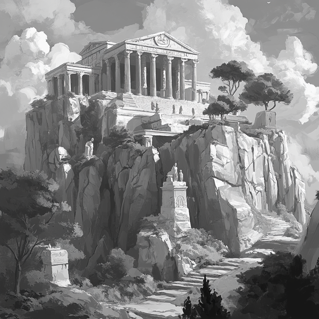 Greek mythology amusement park in grayscale. Inspired by Overwatch.