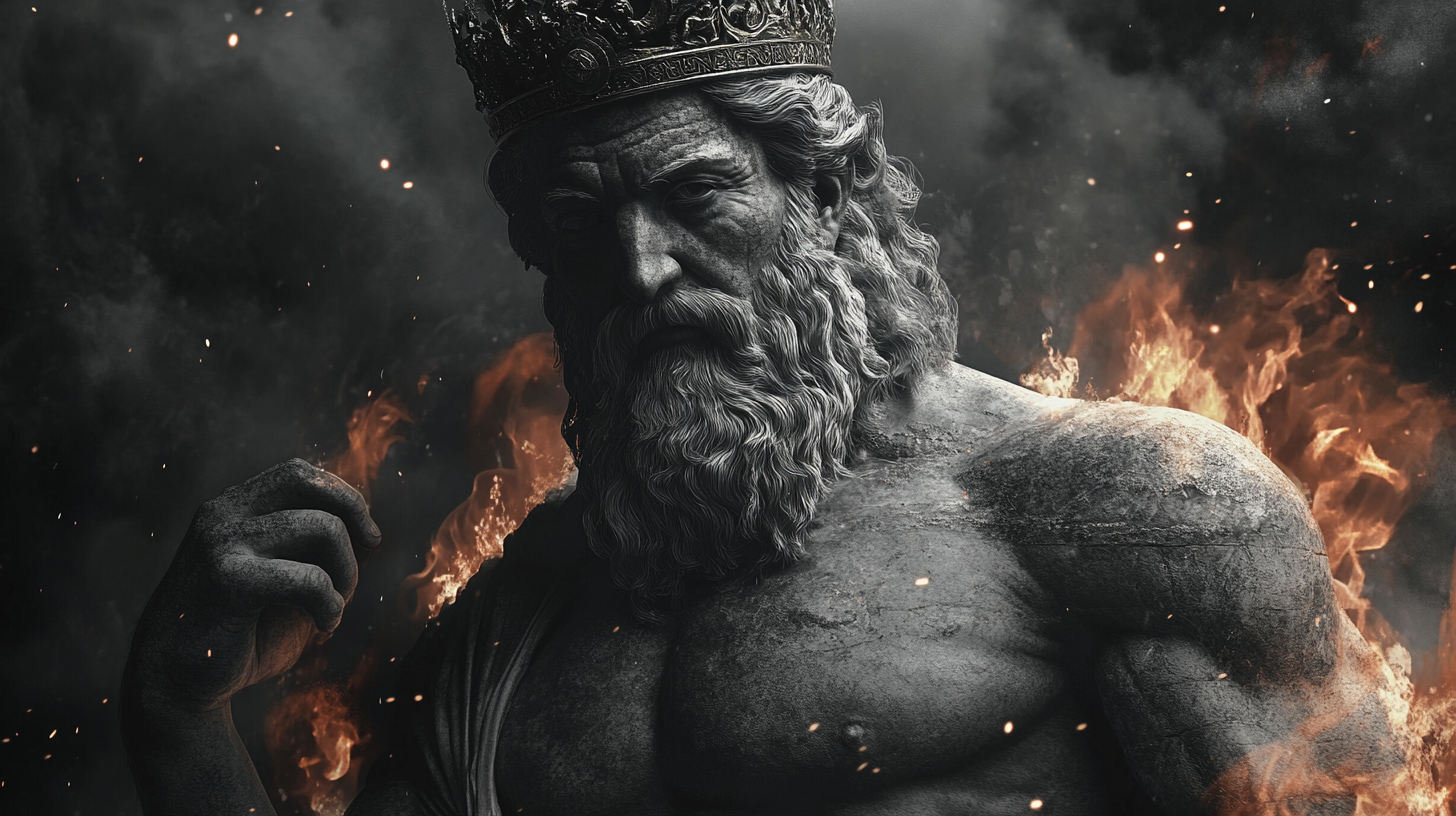 Greek philosopher with strong body, crown, flames, confidence.