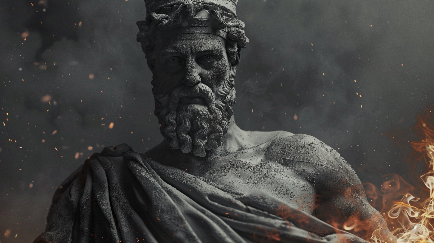 Greek philosopher with strong body and crown. surrounded flames.