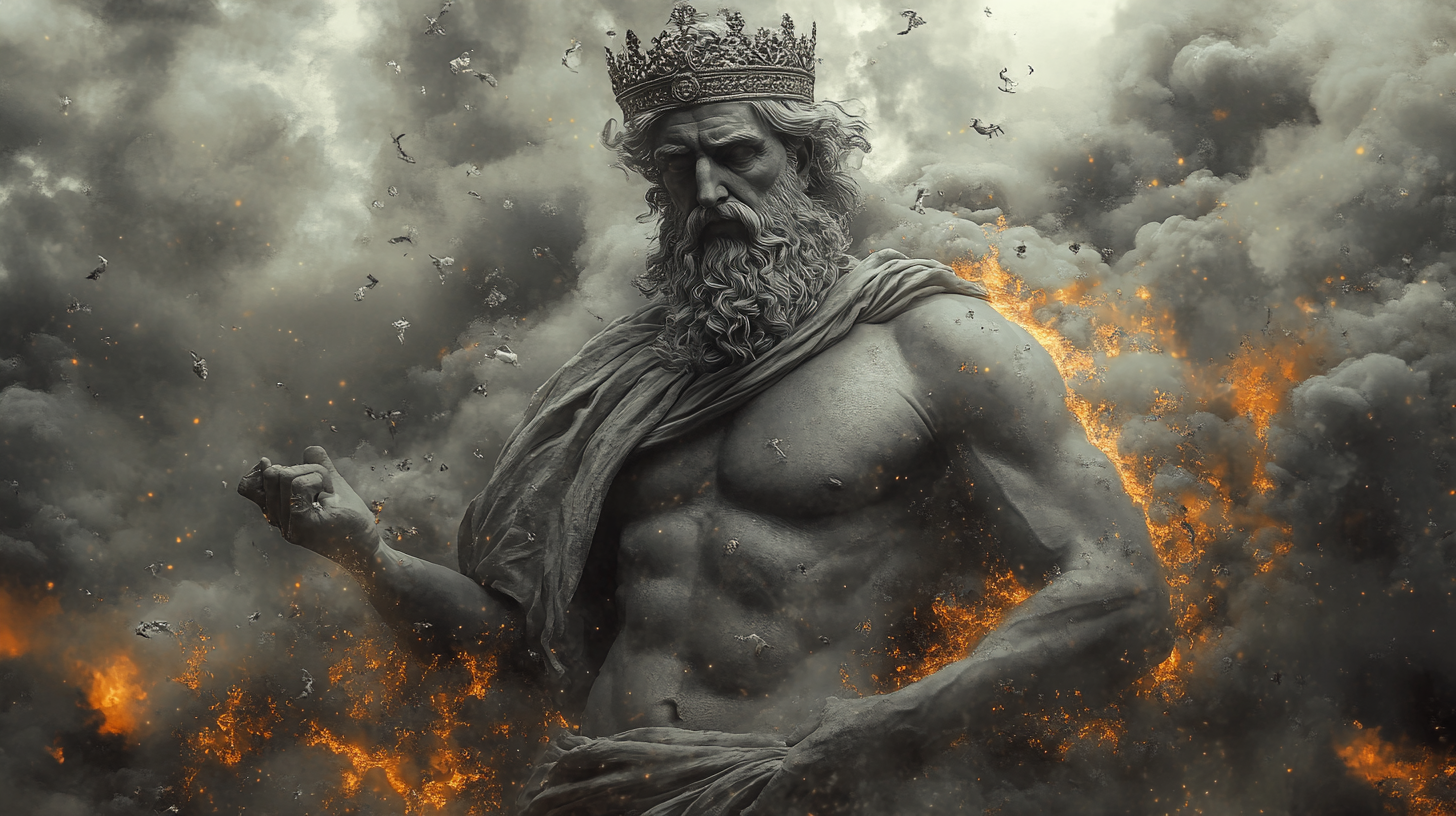 Greek philosopher with strong body dressed like king, surrounded by fires.