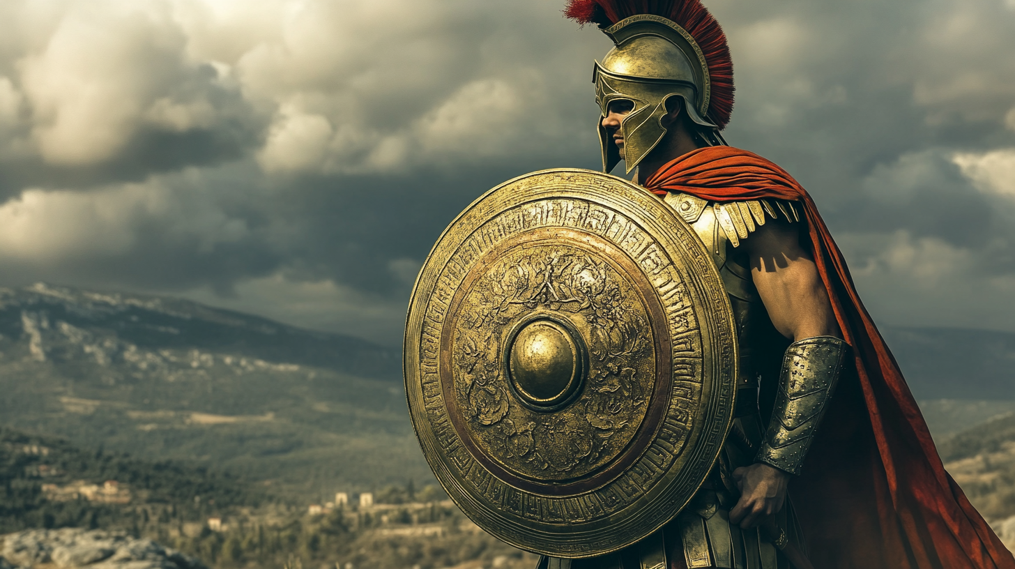 Greek soldier with shield in mountainous battlefield, detailed lighting