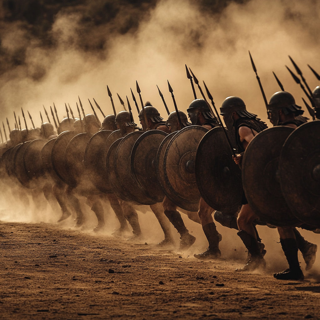 Greek soldiers in formation defeat Persian army dramatically