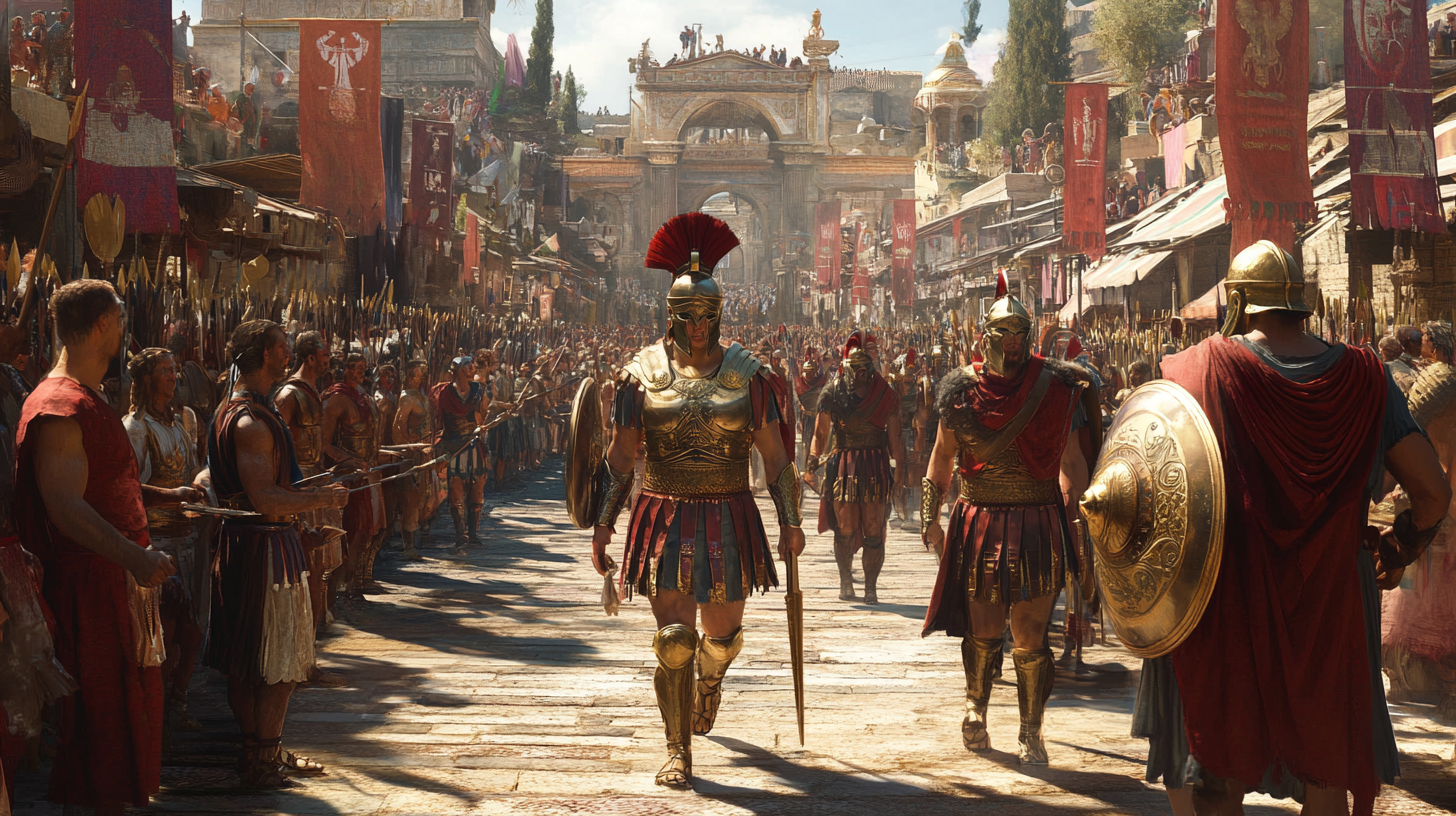 Greek soldiers parade in marketplace, colorful banners, citizens cheer.
