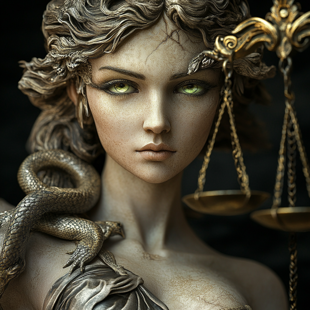 Greek-style Lady Justice statue with beautiful face, silk dress