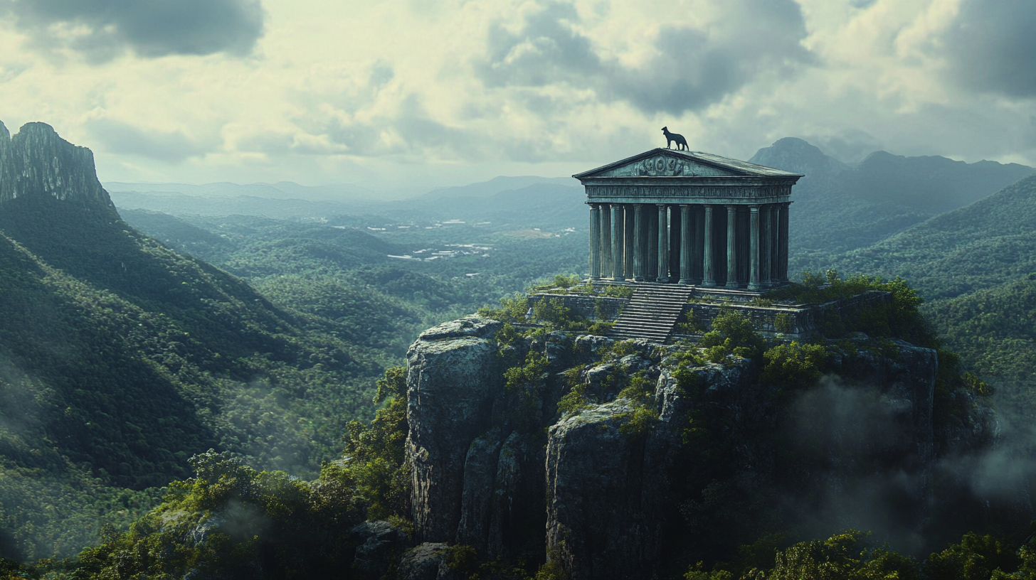 Greek temple with jaguar, Brazilian forest, cinematic color grading.