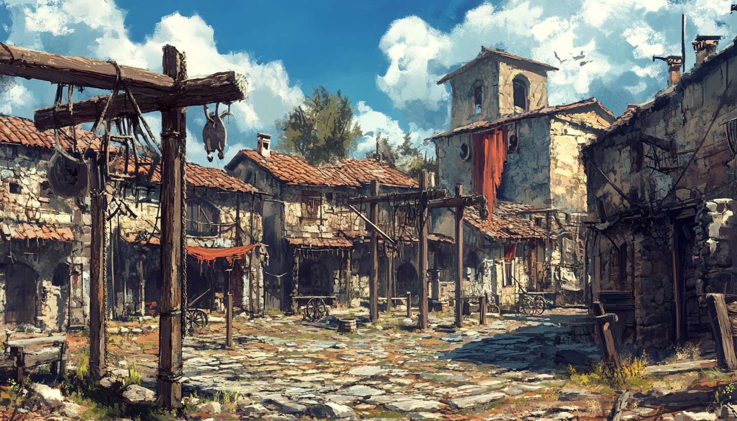 Greek village town square with gallows, grimdark fantasy concept.