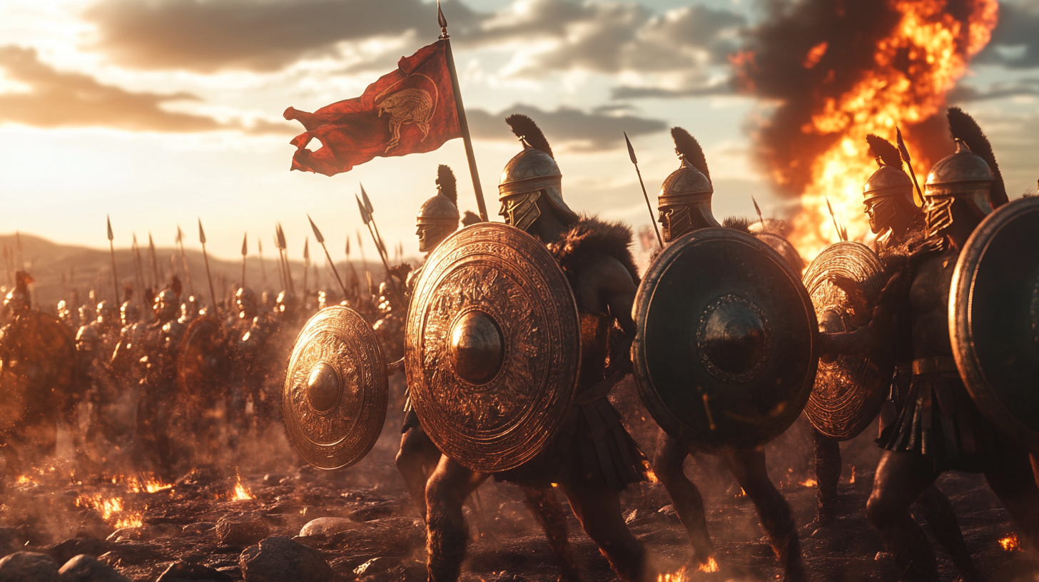 Greek warriors celebrating victory, burning enemy standard in background.