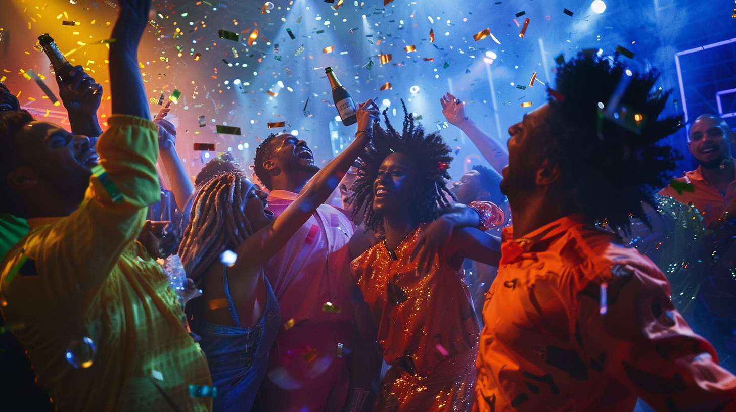 Green Bay Packers players, Brazilian Olympic gymnasts, and São Paulo politicians dancing together in nightclub cheering- LED screen in background.